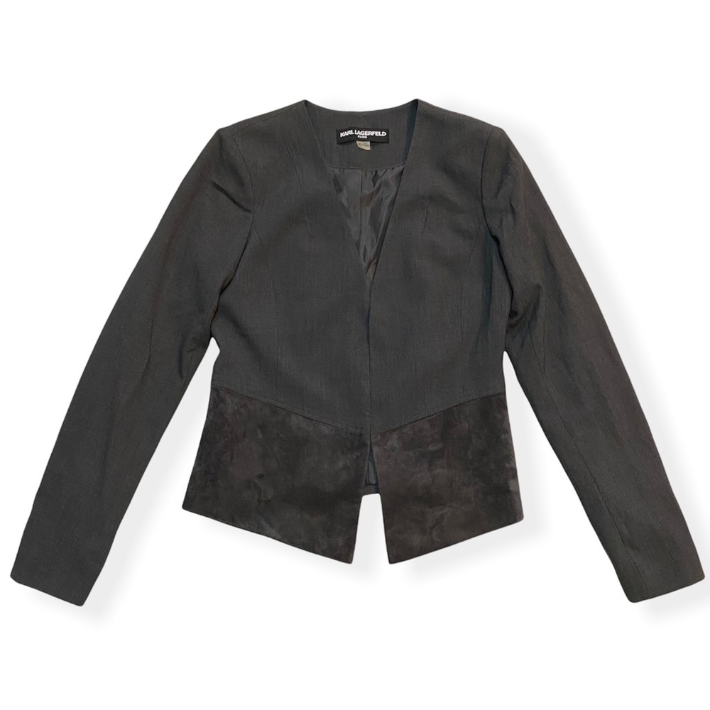 Karl Lagerfeld Paris Suede Jacket Blazer Shoulder Pads Gray Women Size 2